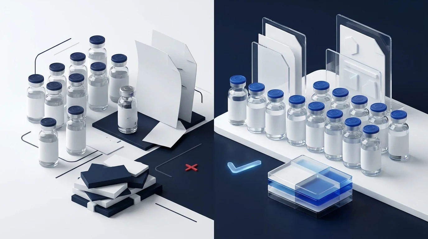 Side-by-side premium peptide evaluation scene with docs, vial comparison, and clean quality signals