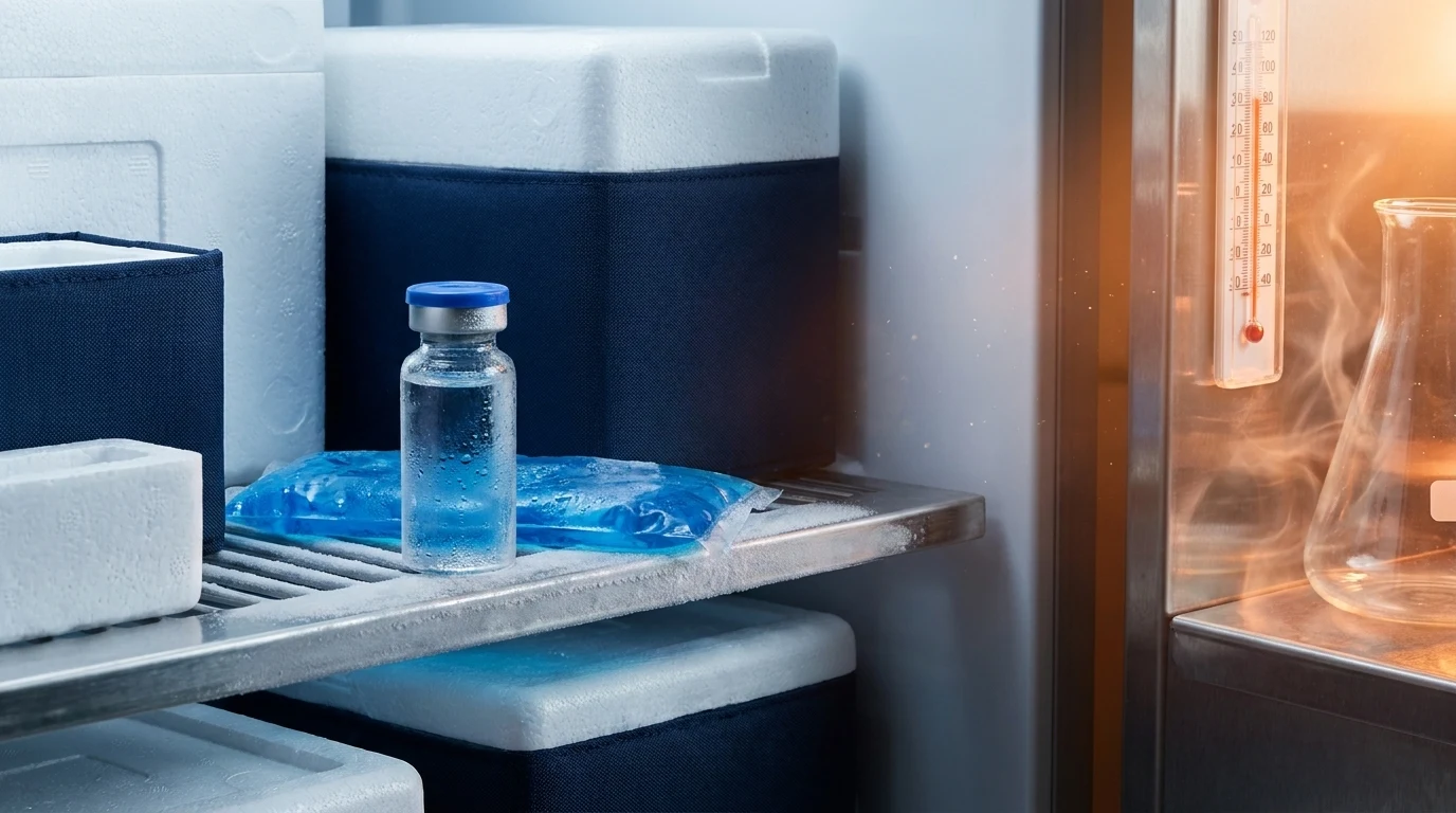 Premium peptide storage scene with vial, cold pack, and dramatic light-versus-heat contrast