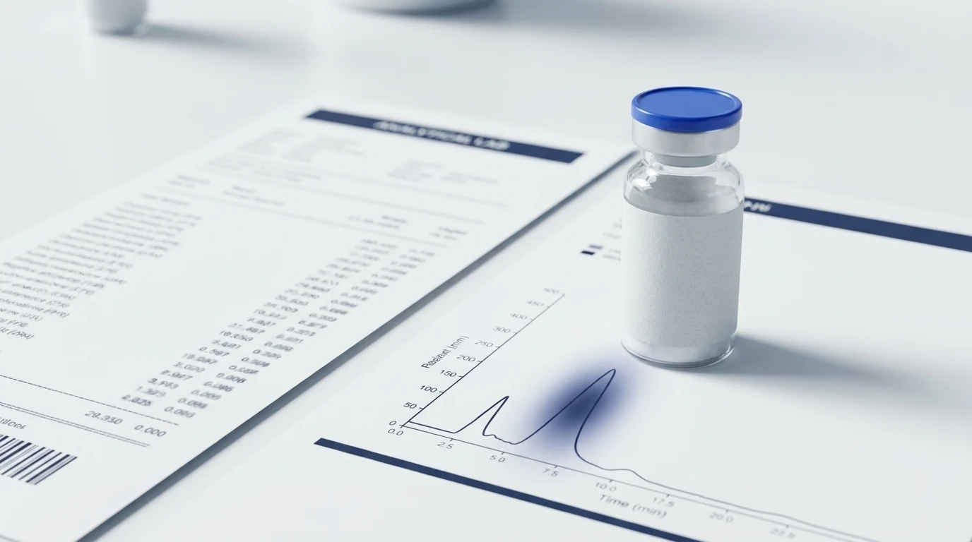 Editorial lab image with peptide vial, chromatogram sheet, and highlighted purity context