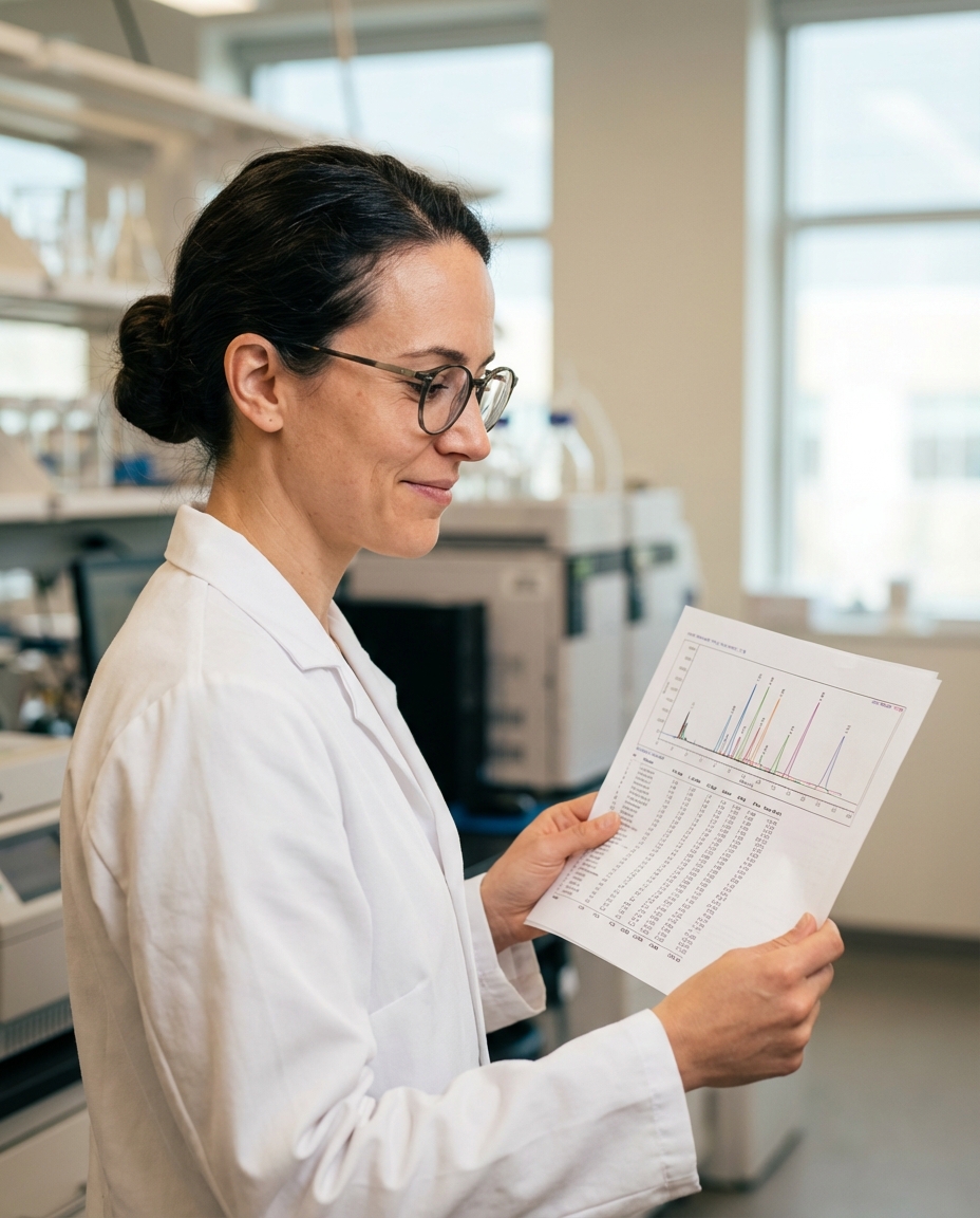 Scientist reviewing printed test results in a clean lab