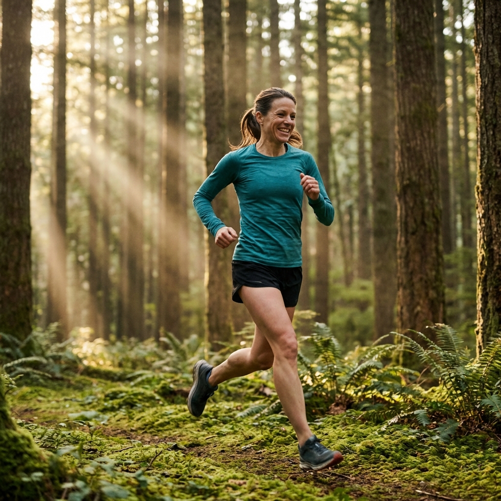 Runner moving through a forest trail